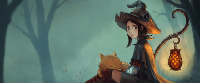 A colored digital painting representing a witch (Pepper) and her cat (Carrot), sitting in the middle of a foggy forest with a lantern glowing red.