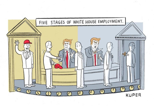 New Yorker cartoon titled “five stages of White House employment” shows people entering a room with a MAGA hat, greeting Trump and then leaving with knives in their backs. 