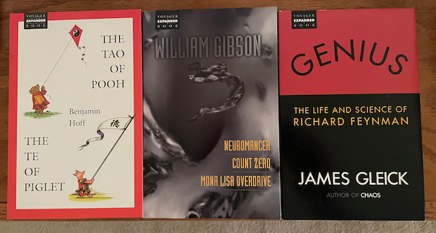 Packaging of three ebooks side by side - by the authors Benjamin Hoff, William Gibson, James Gleick