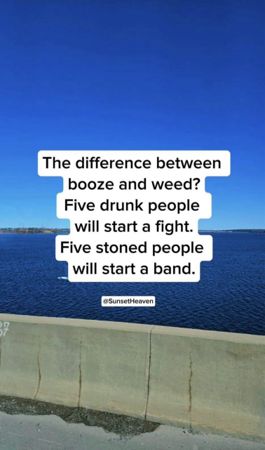 The difference between booze and weed? Five drunk people will start a fight. Five stoned people will start a band. @SunsetHeaven