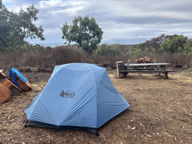 A blue REI tent is set up in a campsite surrounded by trees and shrubs. A wooden picnic table and a small pile of firewood are visible nearby, with a water bottle on the table. The sky is cloudy, and the area appears to