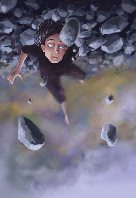 A man is floating upwards with a pile of rocks following after.