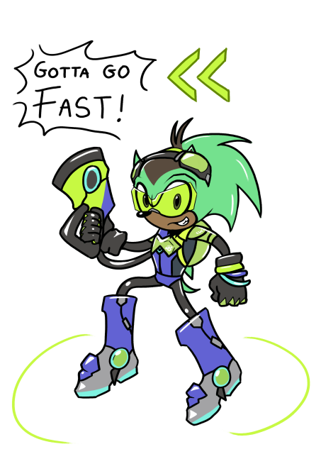 Silly doodle of Lucio from Overwatch 2 drawn in the style of Sonic the Hedgehog. He shouts, "Gotta go fast!" and lifts his gun up.