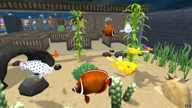 Screenshot from Megaquarium game. The camera points at the fish in the tank. Two brown ones, two white ones with spots and two yellow ones. I forgot their names, sorry, but they are very cute nonetheless.