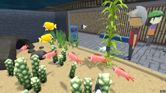 Third fish shot. There is a person watching them behind the glass. There are two yellow fish and a school of red fish. 