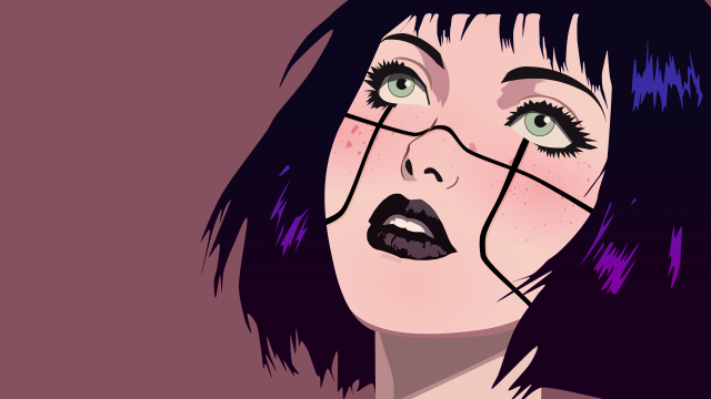 The image is a stylized illustration of a person with short black hair, pale skin, and wide eyes looking upward. They have a neutral expression, black lipstick, and are wearing cyberware. The background is a muted pinkish-purple.