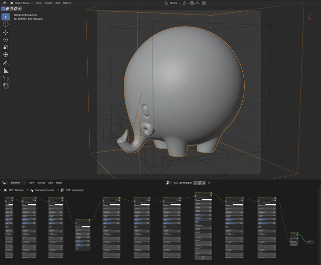 Screenshot of the Blender 3D editor, showing a cute cartoon elephant model in progress.