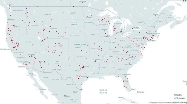 Map of U.S. roads named ‘sq—’ from the street names app. https://en.stnameslab.com/the-project/