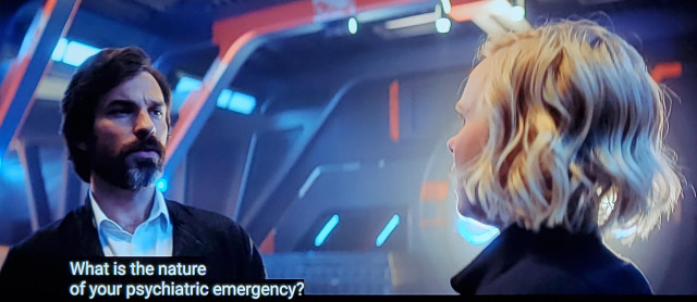 Star Trek Picard scene. We're inside a ship of unknown specificity and Chris Rios is talking to Dr. Agnes Jurati. Nothing whacky otherwise. Closed caption reads, "What is the nature of your psychiatric emergency?"