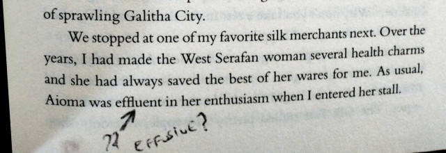 The bottom of page 3 of "Fray" by Rowena Miller.
"As usual, Aiima was effluent in her enthusiasm when I entered her stall."
A handwritten note below "effluent" suggests "effusive" as the correct word.