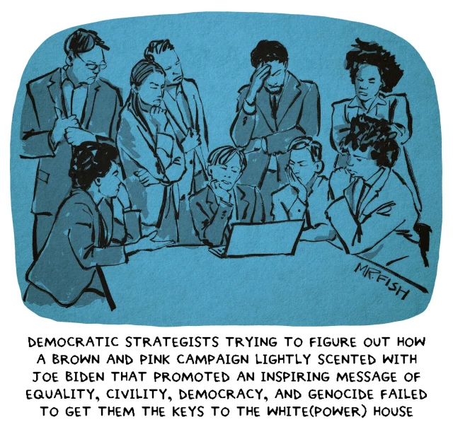 Political cartoon by Mr. Fish. A drawing of several people, men and women, frowning as they gather around a laptop, looking intently at the screen, apparently trying to understand what happened. Caption says: "Democratic strategists trying to figure out how a brown and pink campaign lightly scented with Joe Biden that promoted an inspiring message of equality, civility, democracy, and genocide, failed to get them the keys to the White (Power) House."