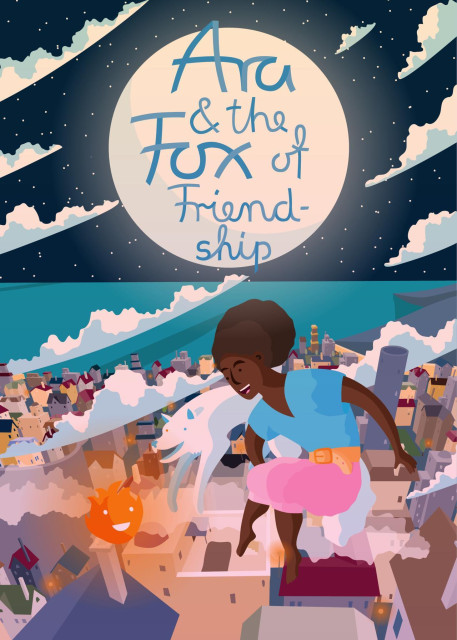 Cover of the English version of Fox of Friendship, showing the main character, the white fox as well as a fire elemental floating above a city at night.
