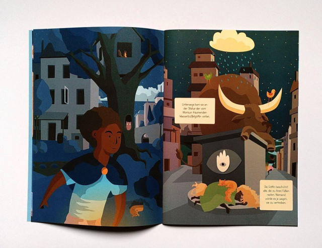 A double spread showing the main character, Ara outside of their home as well as a page with a homeless person sleeping at the foot of a statue of a water buffalo.
