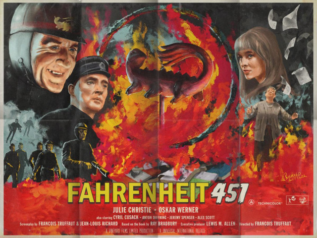 My imagined poster for the film Fahrenheit 451. Characters and scenes from the film clustered around the 'fireman' logo