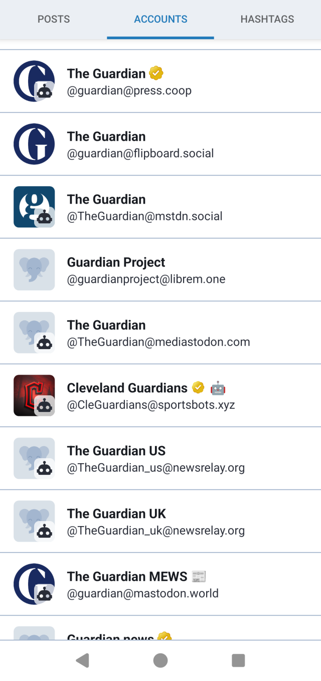 Screenshot of search results for The Guardian showing a variety of accounts that could be the official one