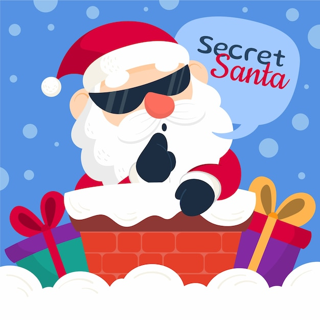 A cartoon like image showing Santa surrounded by several gifts and the words Secret Santa.