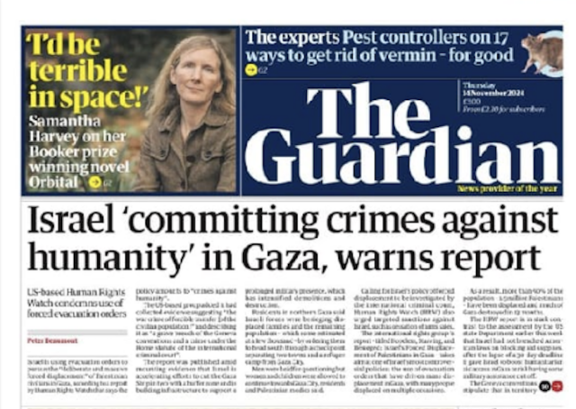 Guardian front page headlining the new Human Rights Watch report