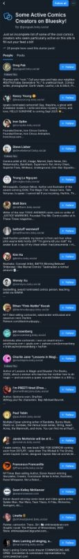 Blurry screenshot of a BlueSky starter pack of Comics creators by Greg Pak. It is a tall list of accounts to follow, with a "follow all" button.