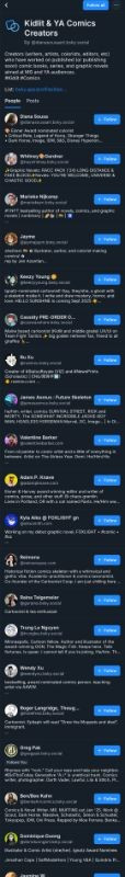 Blurry screenshot of a BlueSky starter pack of Comics creators by Diana Souza. It is a tall list of accounts to follow, with a "follow all" button.