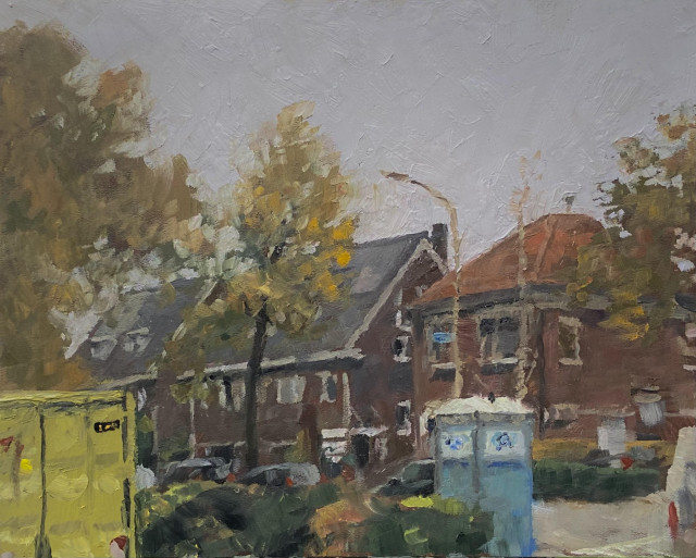 Allaprima Oilpainting depicting an ordinary Dutch street. There is a toilet container in the middle of the picture.