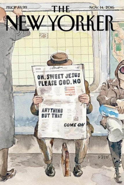 Cover of The New Yorker magazine issue from Nov. 14, 2016. Watercolor of  man in a suit sitting on subway holding a newspaper open with both hands. A briefcase sits on the floor between his feet. Visible headlines on the newspaper, "OH SWEET JESUS/ PLEASE GOD, NO /ANYHTING BUT THAT / COME ON"