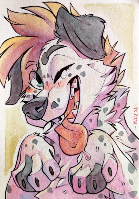 A traditional drawing of a blushing white dog character with black spots, lifting their paws up, sticking their tongue out and winking towards the viewer.