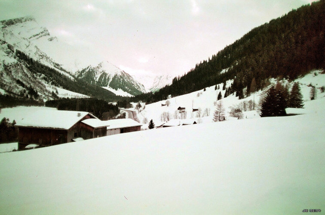 Grünstichiges Farbfoto, aufgenommen bei einem Spaziergang in Medels, Graubünden, am Morgen. Es liegt viel Schnee im Vordergrund und auf den Bergen. In Bildmitte und weiter weg dunkler Wald. In Bildmitte auch ein Stück Autobahn. Olympus XA auf Lomochrome Purple-Film.