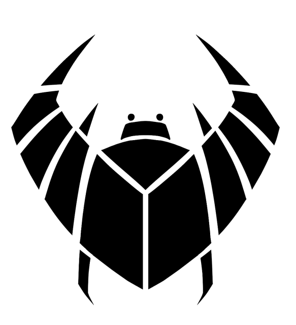 A stencil logo resembling a stylized scarab beetle.