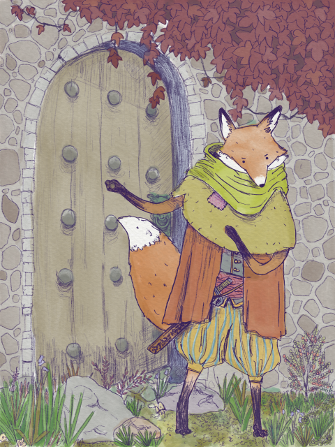 A drawing of a bipedal fox standing in front of a slightly-ajar wooden door set into a stone wall. There is ivy growing on the wall and the grass on the ground around it is overgrown. The fox is gesturing to the open door, and he is wearing a mix of rustic and luxurious clothing