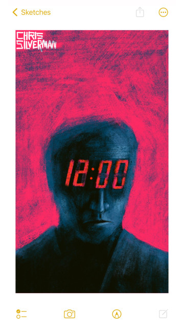 A person's head and shoulders. The face has no expression. The head and shoulders are a sort of monochrome blue with a slight highlight that makes them look as though they're carved from metal. The background of the drawing is blazing crimson. Where the person's eyes would be are red numerals displaying 12:00, like a digital clock that momentarily lost power.