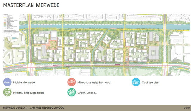 Plan von Merwede, gelb eingezeichnet  Rad und Gehwege, kein Autoverkehr durch das Siedlungsgebiet