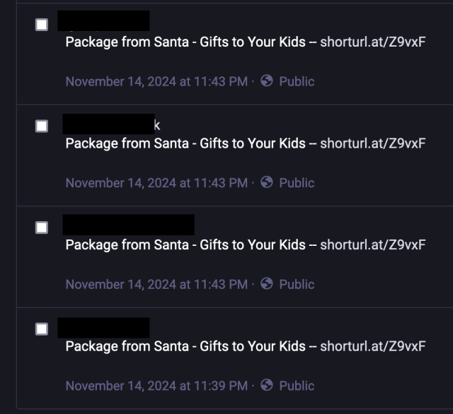 Several spam replies that say "Package from Santa - Gifts to Your Kids - [url that is probably a bad thing to click on so i'm not putting it in as a link, but here are the pieces if you want to risk it shorturl [dot] at [slash] Z9vxF