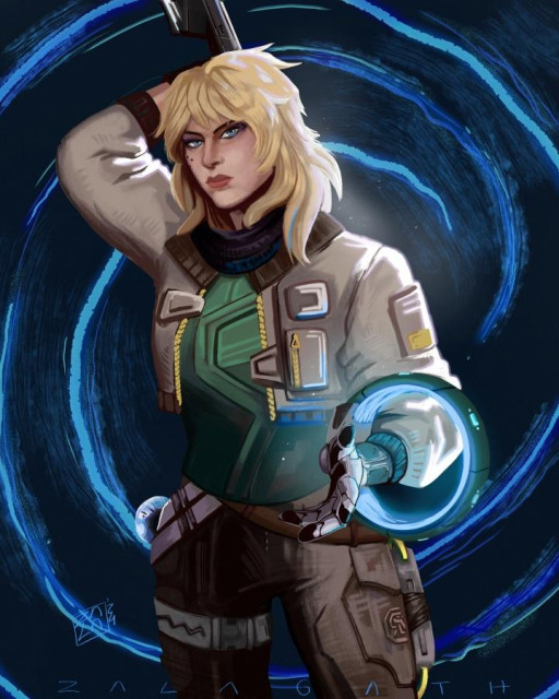 Blonde soldier with codename: deadlock. Character from Valorant.
She's got hair to her shoulders, a kind of tech wear jacket, belts and looks fierce looking. Blue eyes, fair skin. She lost an arm in an attack to a facility where se was on a mission. Now she wears very cool prosthetics.
The background is a blue neon spiral, as it's her special skill in game. On the robot arm, she's got a tech circle surrounding her wrist. It's glowing!
