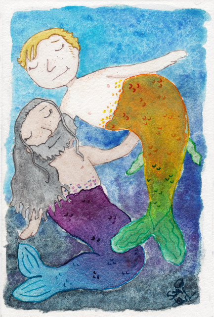 Watercolour painting of two mermen swimming together under the sea. Ed has long salt and pepper hair and a beard, and a tail in lovely shades of purple and blue. Stede has short blonde hair and a beautiful tale in shades of gold and green.