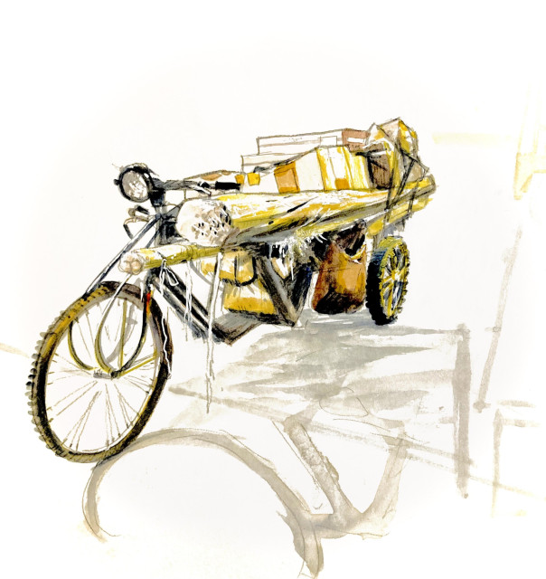 Watercolor Sketch of a custom bicycle loaded with 300 kilograms of cargo, including steel tubes wrapped in cloth.