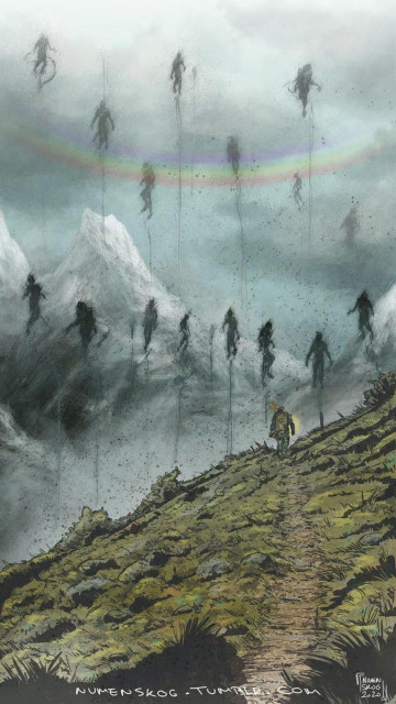 a image of a cliff with Sam climbing it. There are ghost hanging on the air in front of him