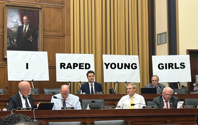 Matt Gaetz US House hearing with his flipcharts reading “I RAPED YOUNG GIRLS.”