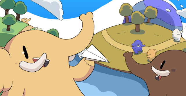 The default mastodon instance banner showing a yellow cartooned elephant / mastodon on the left holding a paper plane, and another brown elephant on the right looking at the first elephant. There are some hills with trees in the background, other elephants, and a weird planet in the sky.