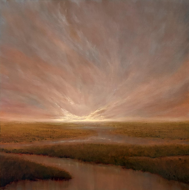 Original marshlands landscape oil painting by Tisha Mark, "Standing in a New Light" 20"x20" oil on linen (2024). Landscape painting featuring an orange-toned sky with atmospheric cloud formations appearing to rise up from the first light of day over a coastal marsh in autumn. Subtle light and color from the sky reflects in the water, and appears to bounce off the textured marsh grasses.