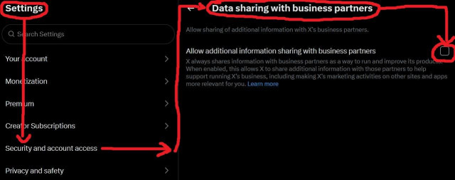 Screenshot of the X settings menu. To disable "Data sharing with business partners" arrows indicate you have to press "Settings" > "Security and account access" > "Data sharing with business partners" > and press opt-out.