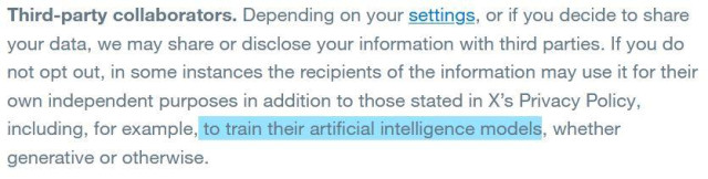 Screenshot of a section of X new privacy policy: "Third-party collaborators." the section "to train their artificial intelligence models" is highlighted.