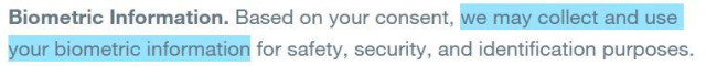 Screenshot X privacy policy section "Biometric Information." "we may collect and use your biometric information" is highlighted.
