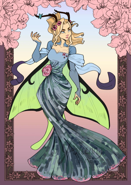 Drawing depicting a long-haired blonde fae woman with horns and luna moth wings. The background is inspired on art nouveau style. 