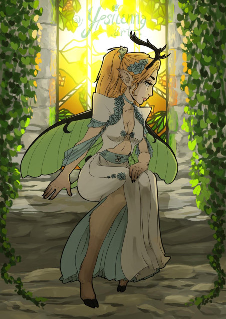 The same character sitting in front of a stained-glass window surrounded by ivy branches.