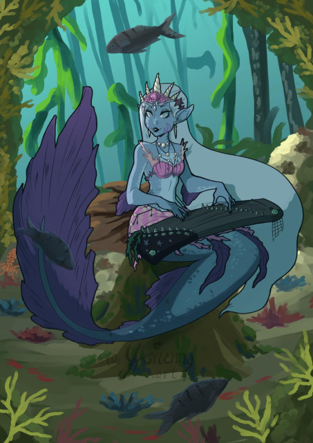 Drawing of a blue skinned mermaid playing a chinese instrumented, guzheng underwater. The fish around her are probably freaking out.