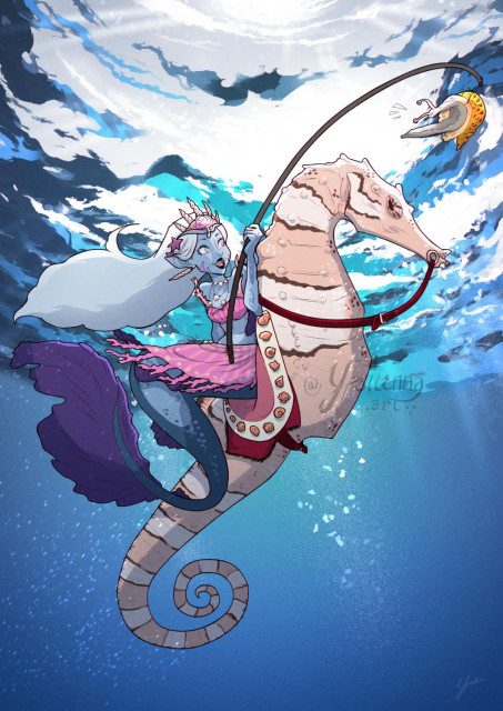 The same mermaid riding a giant seahorse. She has a snail on a stick to speed it up. The background is a vibrant depiction of the sky seen from under the sea. 