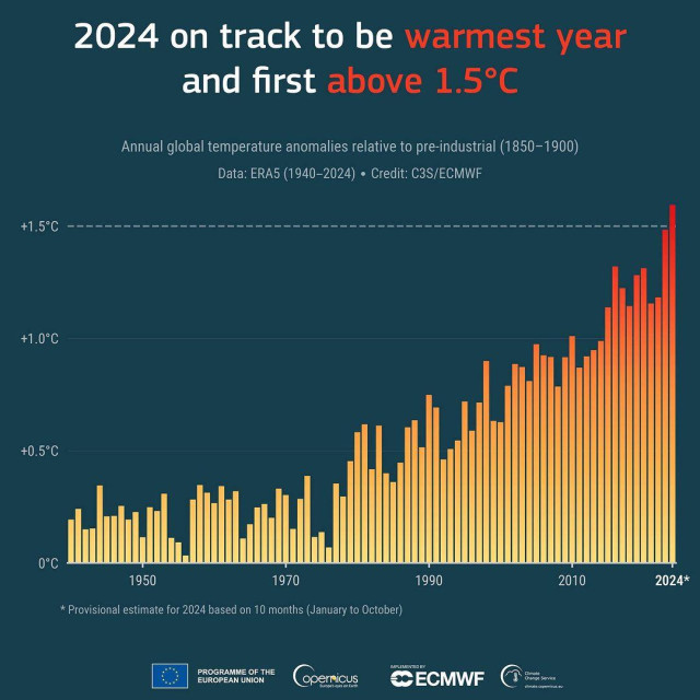 A graph showing the increasing temperatures from 1940 onwards, relative to the preindustrial times (1850-1900). It also reflects that the year 2024 will be the first to breach the 1.5°C threshold and will be the warmest year on record.