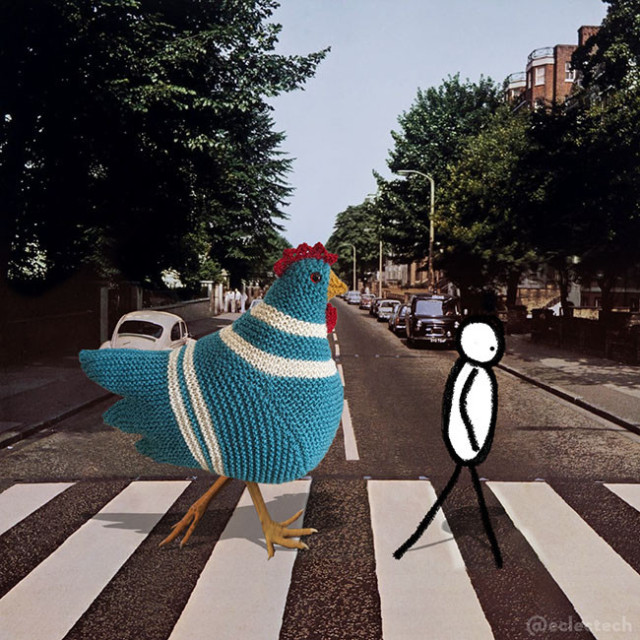 The Abbey Road cover photo, which had The Beatles walking across a zebra crossing, but The Beatles have been removed and replaced with a large teal and cream knitted chicken and a simple drawn black and white figure.