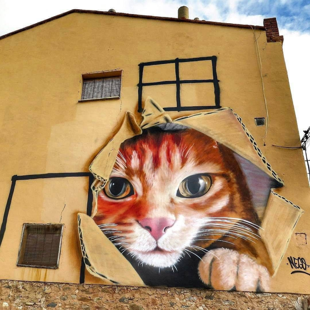 A mural by artist Nego in Torrellas, Zaragoza, Spain, depicting a realistic ginger cat peeking out of a torn cardboard box painted on the side of a beige building. The cat’s large, expressive eyes and detailed fur create a lifelike appearance, with its paw playfully resting on the edge of the painted box. The artwork cleverly integrates with the building’s architecture, with a real window situated above the mural, blending into the design. The vibrant orange and white tones of the cat contrast beautifully with the muted beige wall and blue sky in the background.