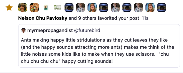 Screenshot of one of my posts in "/notifications" on the web version of Mastodon v4.3.1 the icons of the people who favorited the post repeat showing the same person several times. 

Nelson Chu Pavlosky and 9 others favorited your post
21s

myrmepropagandist @futurebird
Ants making happy little stridulations as they cut leaves they like (and the happy sounds attracting more ants) makes me think of the little noises some kids like to make when they use scissors.  "chu chu chu chu chu" happy cutting sounds! 